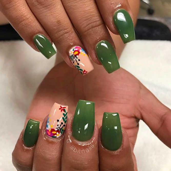 Olive Nails With Hand Painted Flowers