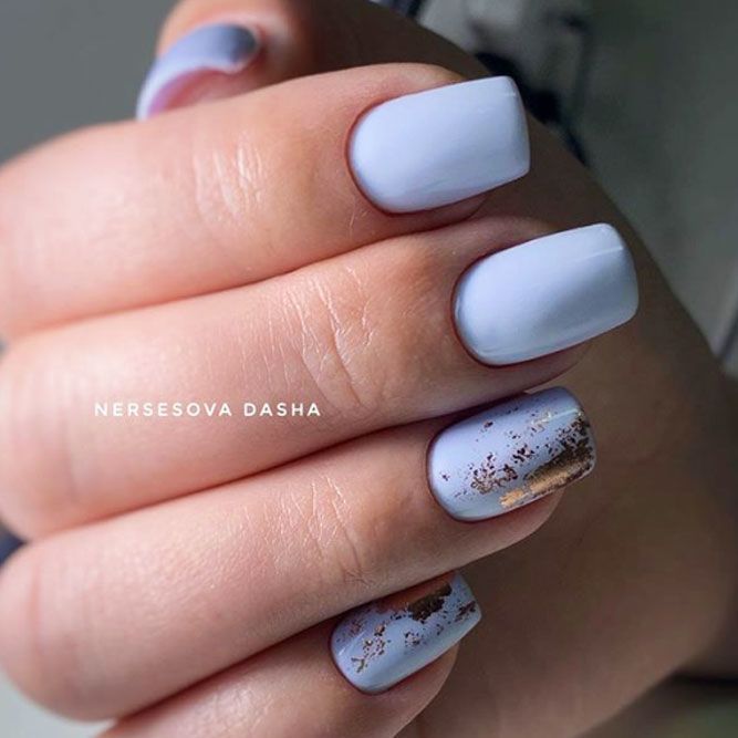 Blue Color Nails With Gold Foil