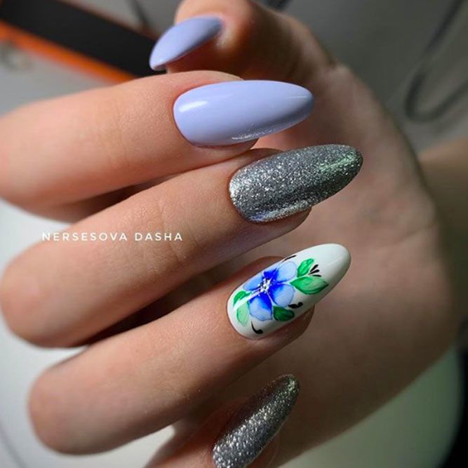 Blue Pastel Nails With Spring Flowers