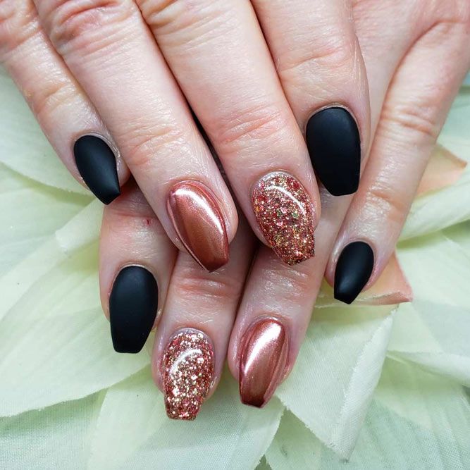 Bold Combination Of Black And Gold Glitter Coffin Nails