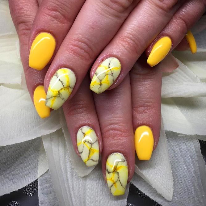 Yellow Nails With Marble Effect