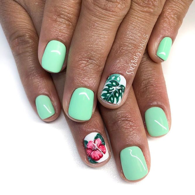 Tropical Nails In Mint Pastel Colors