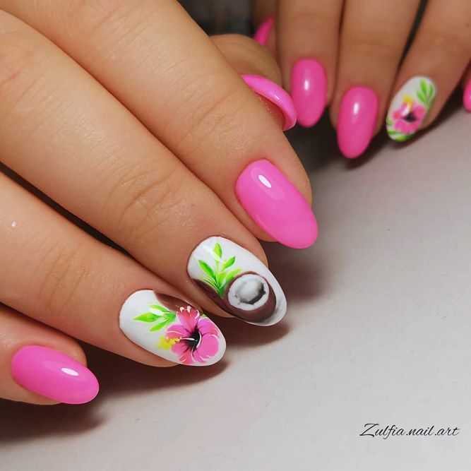 Pink Tropical Flower Nail Art