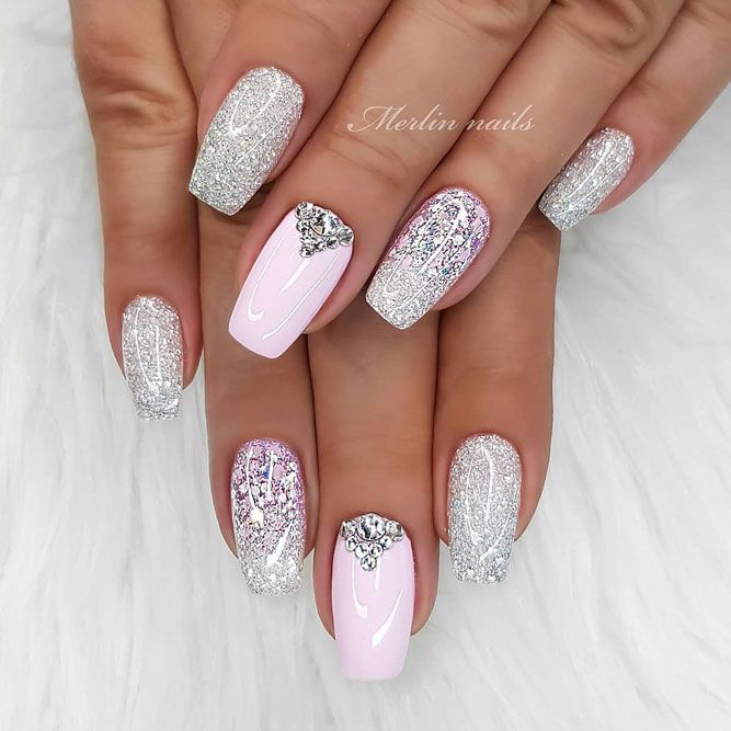 short coffin nails design ideas light pink silver glitter