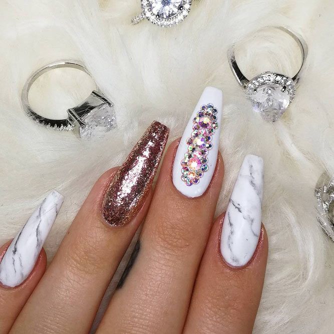 Marble Coffin Nails With Dazzling Glitter Accent