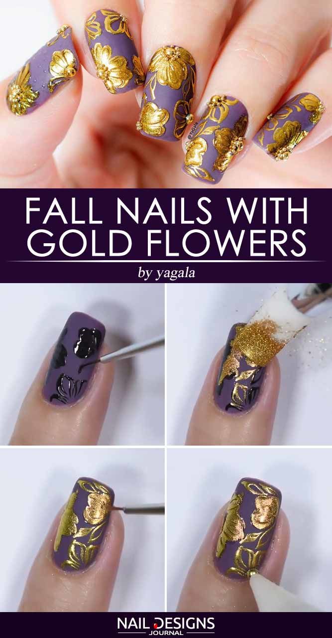 Fall Nails With Gold Flowers