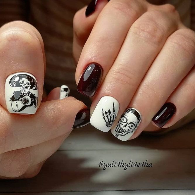 Sweet and Funny Skulls For Halloween Nails