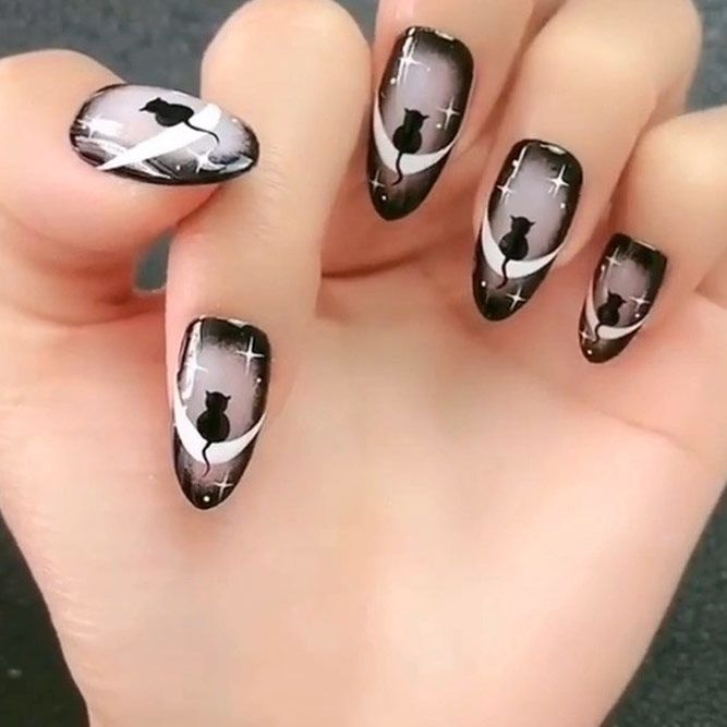 Halloween Nails with Cat Art