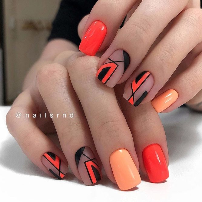 Orange Geometric Design For Short Nails