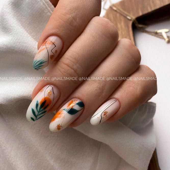 Nude Nails With Leaves Art