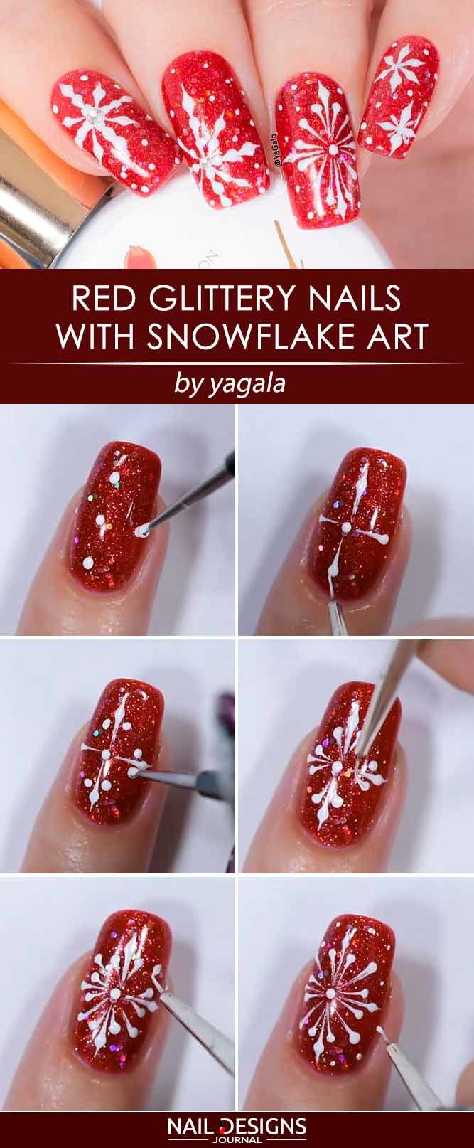 Red Glittery Nails with Snowflake Art