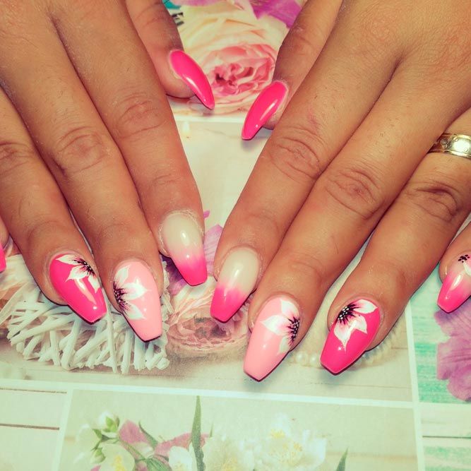 Pink Short Coffin Nails with Summer Flowers