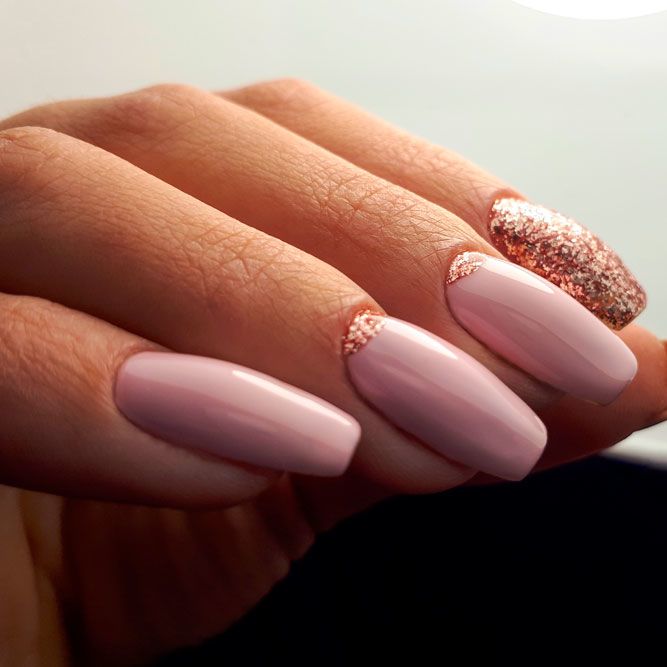 Nude Pink Short Coffin Nails with Gold Glitter