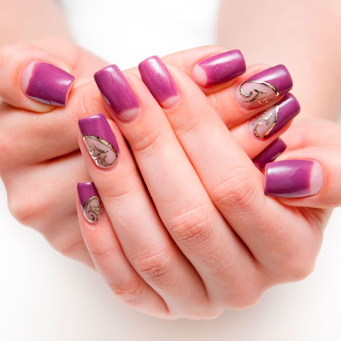 Purple design of nails with drawings of flowers. In the hand a purple  ribbon and in the background a flower in the tone of a manicure. - Stock  Image - Everypixel