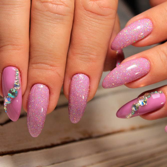 Long Mauve Nails With Rhinestones