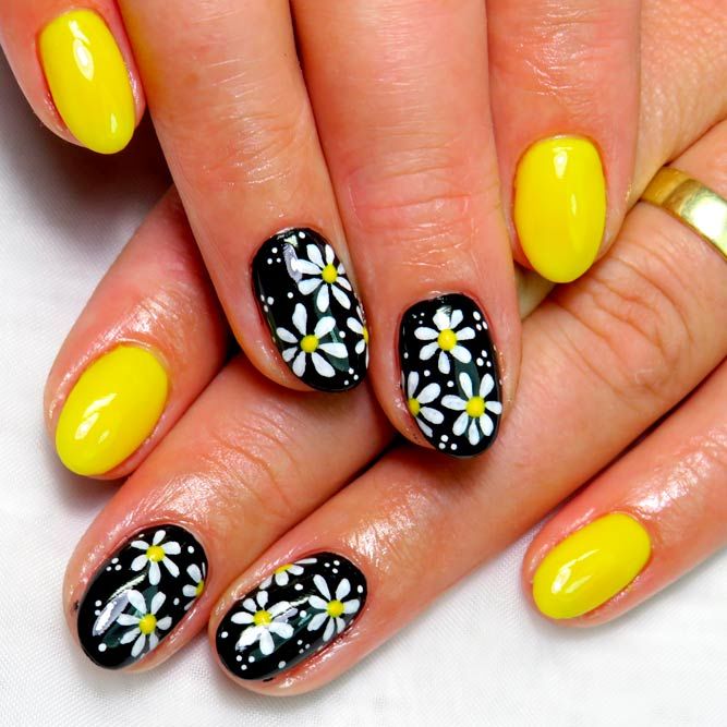 Yellow Nails with Flowers