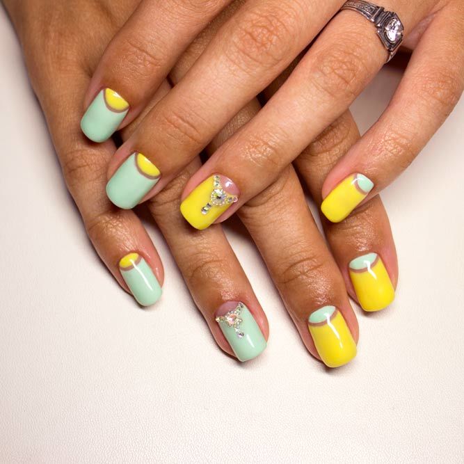Yellow Nails with Mint Accent