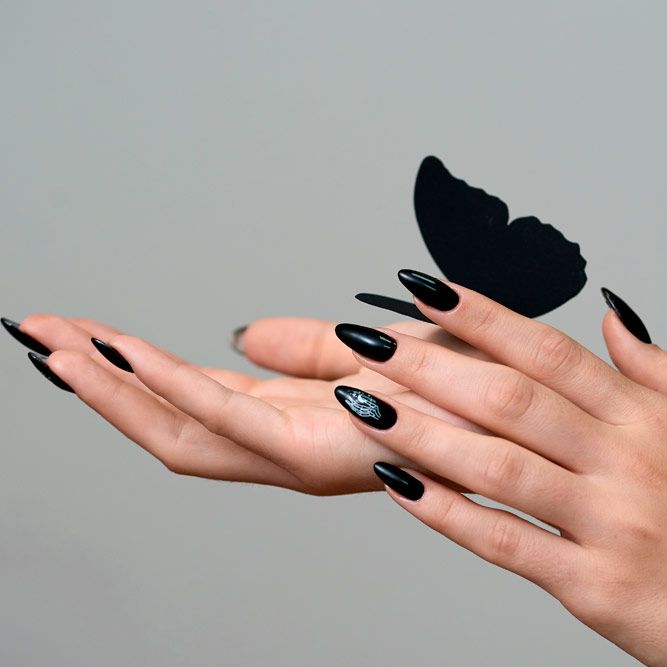 Hot Black Almond Nails with Moon Pattern