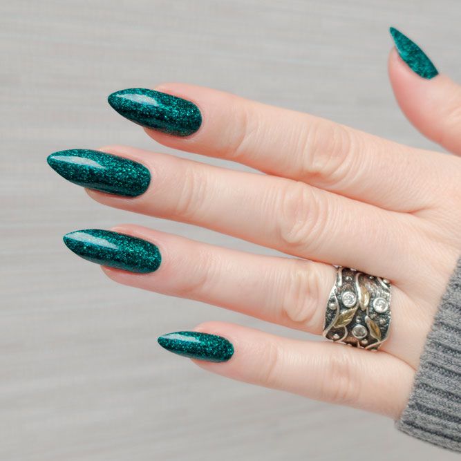 Green Glitter Almond Nails Designs
