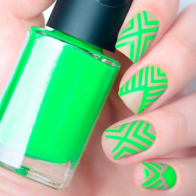 Green Neon Accent For Nude Nails