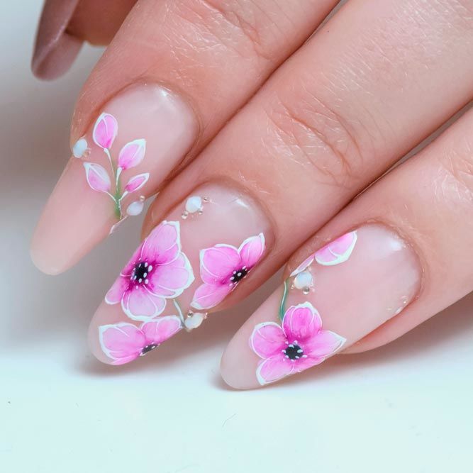 Nude Nails With Flowers Art
