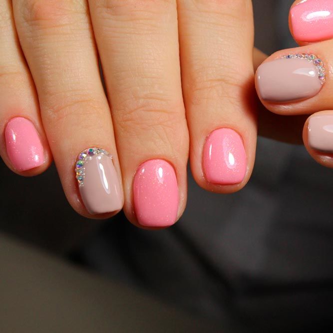 Nude Nail Design With Stones Accent