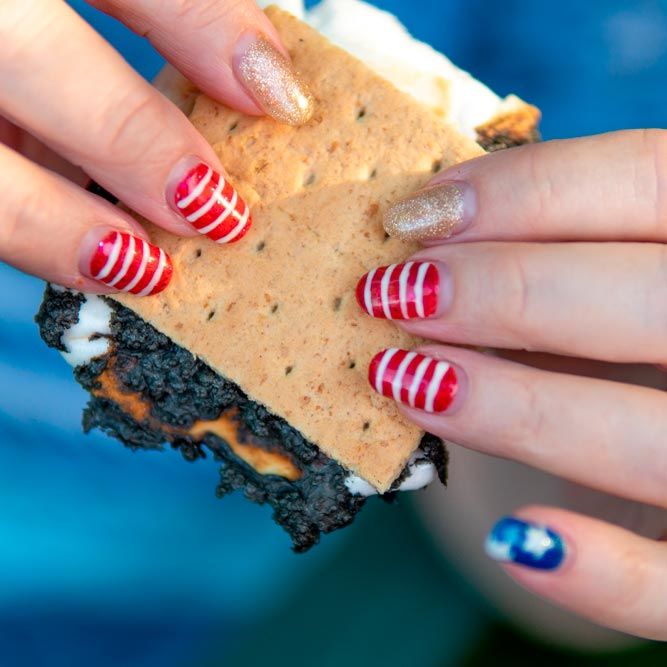 Patriotic 4th of July Nail Design With Glitter Accent