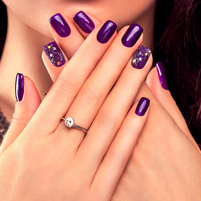 Purple Nails With Stones Accent