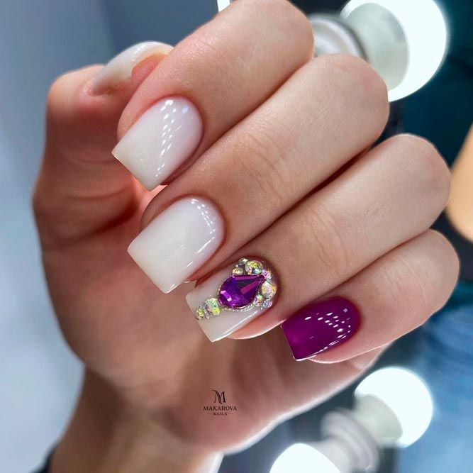 Purple Nails With Stone Accent