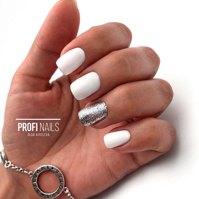 Fabulous Glitter Accents On White Short Nails
