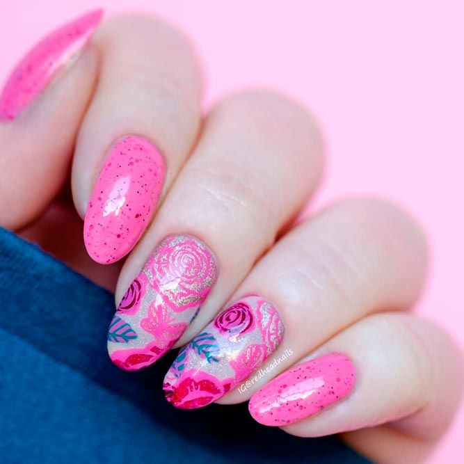 Sweet Glitter Pink Almond Shaped Nails Color