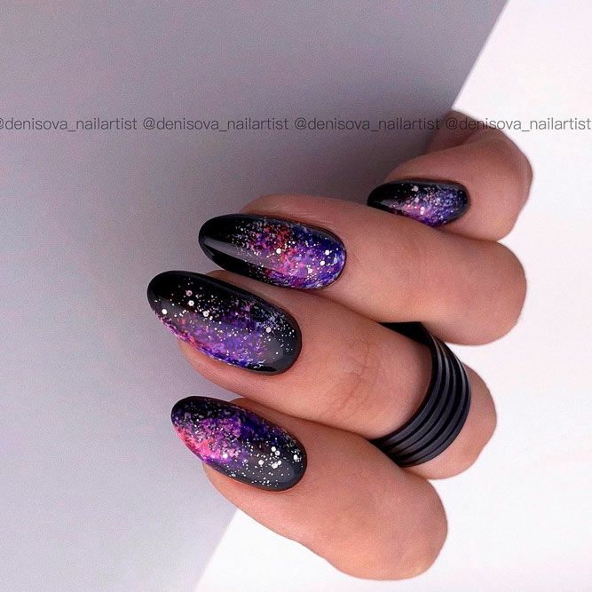 Galaxy Black Almond Shaped Nails Colors