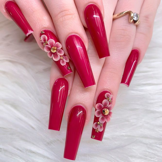 Sweet Floral Burgundy Nails Art Designs
