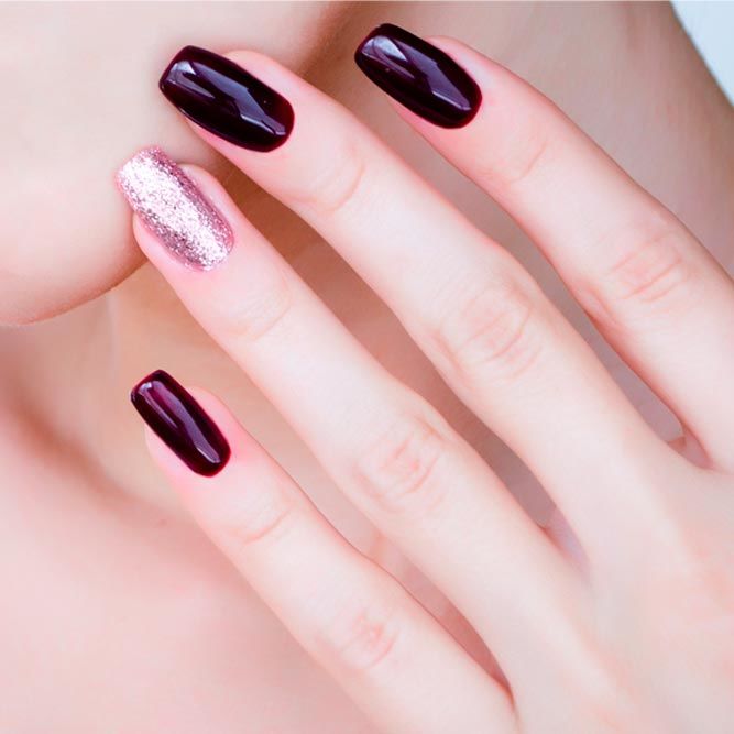 Burgundy Nails Art With Accented Finger