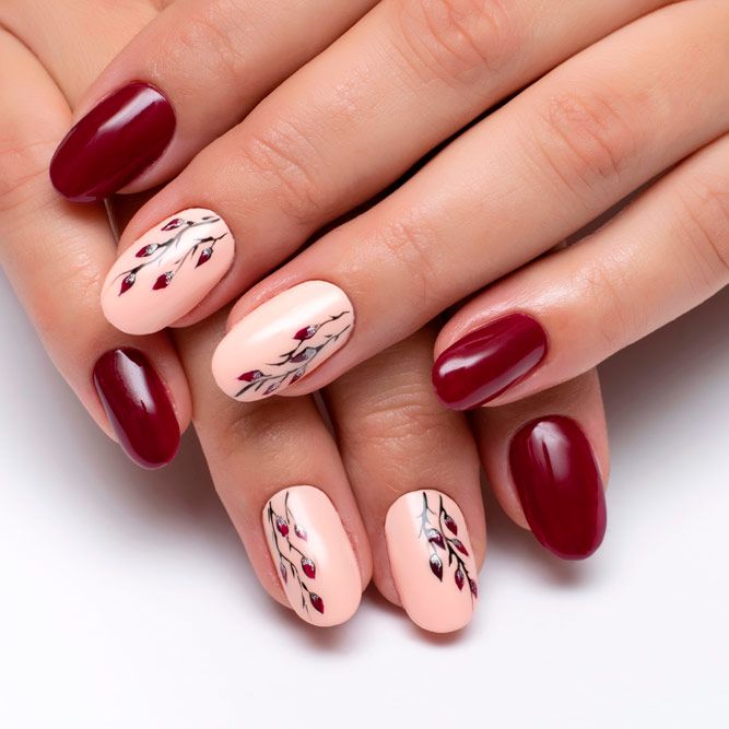 Lovely Hand Painted Art For Burgundy Nails