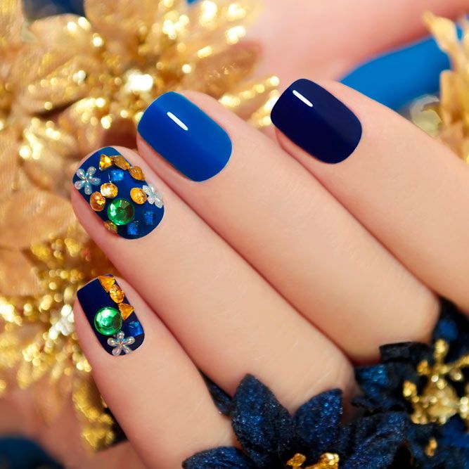 Blue Nails With Rhinestones Accent