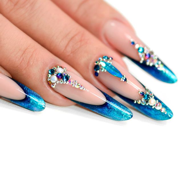 Stylish Blue Nails With Rhinestones