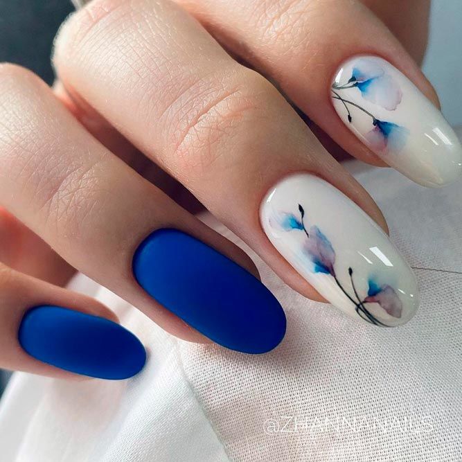 49 Cute Nail Art Design Ideas With Pretty & Creative Details : Blue Matte  Nails with Flowers