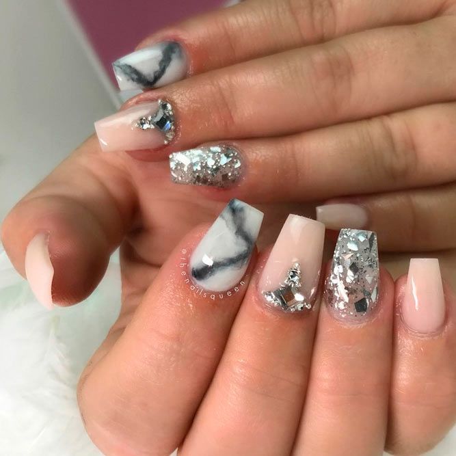 Nails With Marble and Glitter Accent