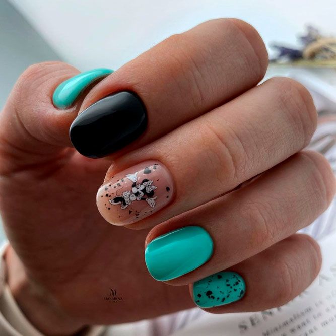Aqua Nails With Black and White Accents