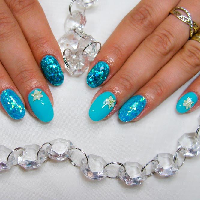 Aqua Nails with Glitter Accents