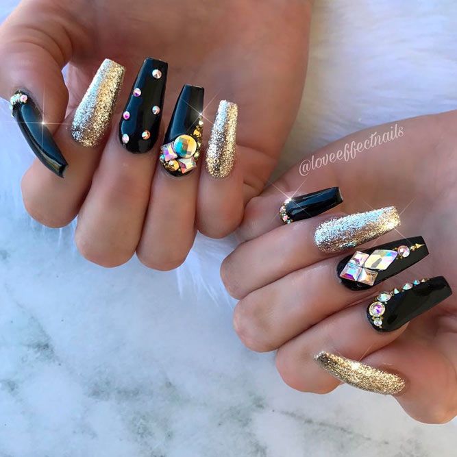 Gothic Gold and Black Glitter Ombre Coffin Nails