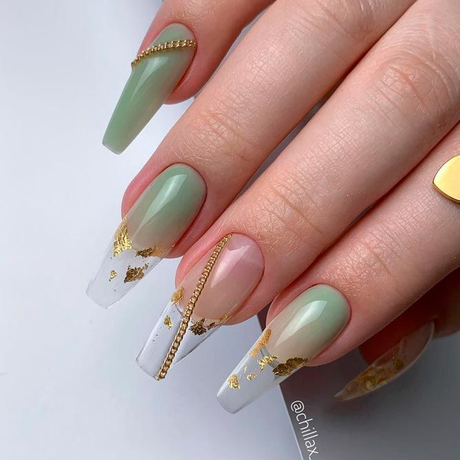 Nude Coffin Nails With Gold Foil