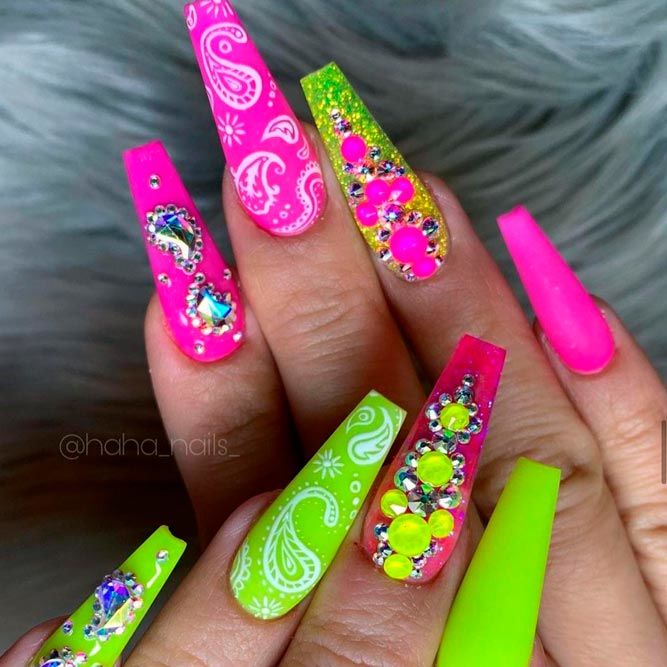 Bright Pink and Green Matte Coffin Nails