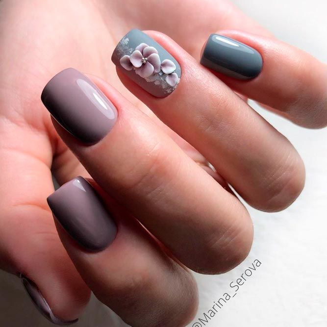 Taupe Nails Decorated With 3D Flowers
