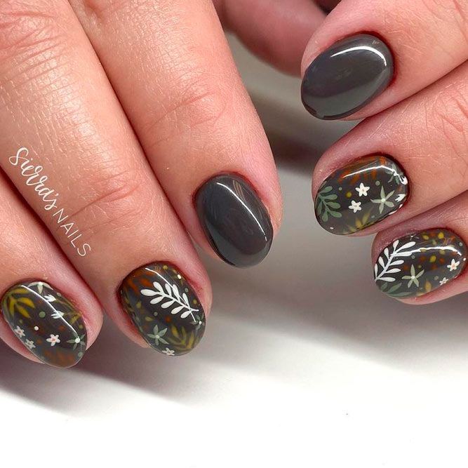 Adorable Dark Taupe Mani With Floral Accent