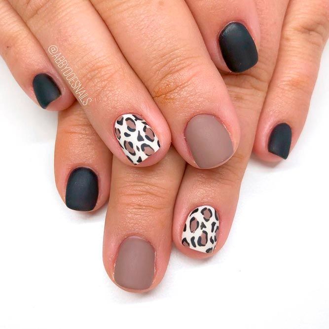 Matte Taupe Nails With Animal Print