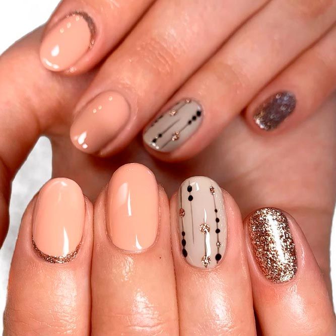 Taupe Color Nails With Gold Stripes