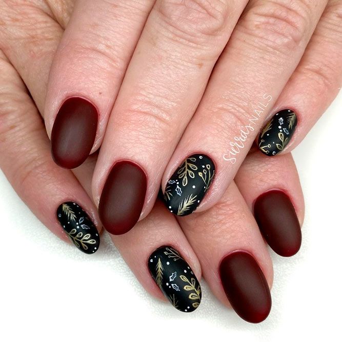 Matte Black and Burgundy Nails