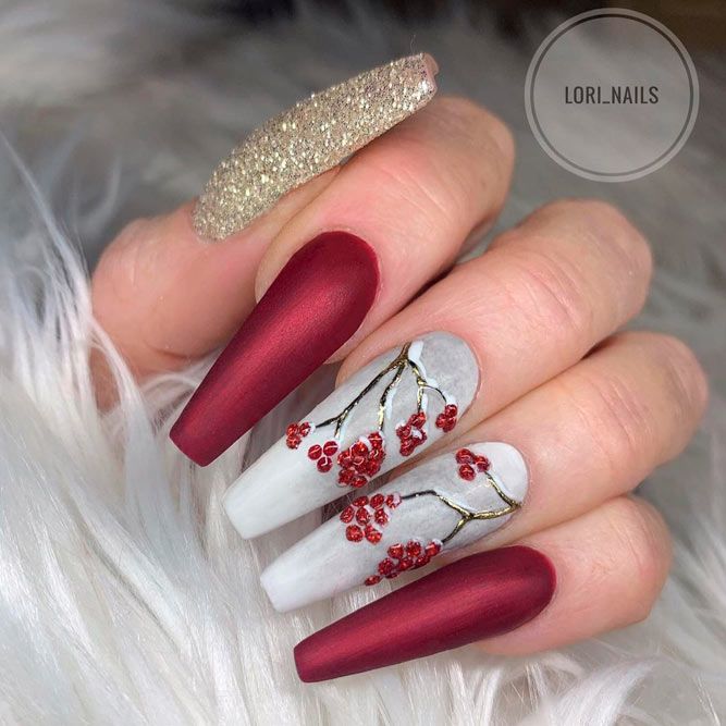 Burgundy Matte Nails with Gold Glitter Accent